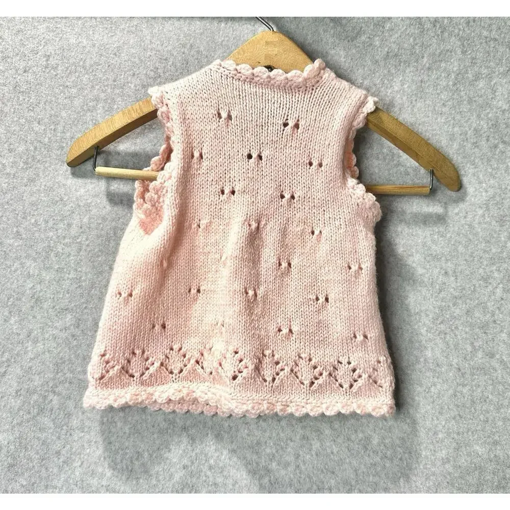 Toddler Girl Knitted Vest Pink String Closure String Eyelets Openwork Lace